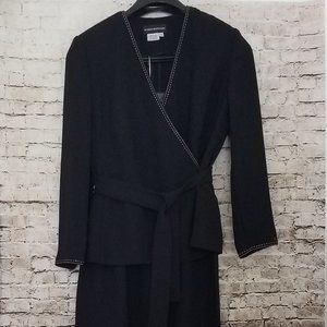 Donna Morgan Sz 10 Black Pant Suit Wrap with Waist Tie Palazzo White Stitch Trim